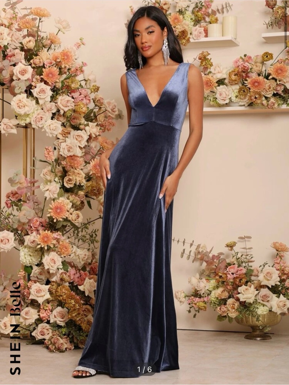 SHEIN Navy Blue Velvet V-Neck Maxi Dress